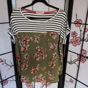 Rewind Boxy Striped Floral Short Sleeve Green Pink Floral Blouse Size Large
